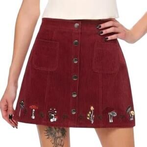 Thorn & Fable Corduroy Skirt M Burgundy Embroidered Mushrooms Snap Button Front